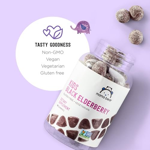 Mama Bear Vegetarische Holunderbeeren-Gummis für Kinder 300 mg mit Vitamin C, D, E und Zink - Immunsystem-Unterstützung - 60 Gummis (1-2 Monatsvorrat), Nicht-GVO, Glutenfrei