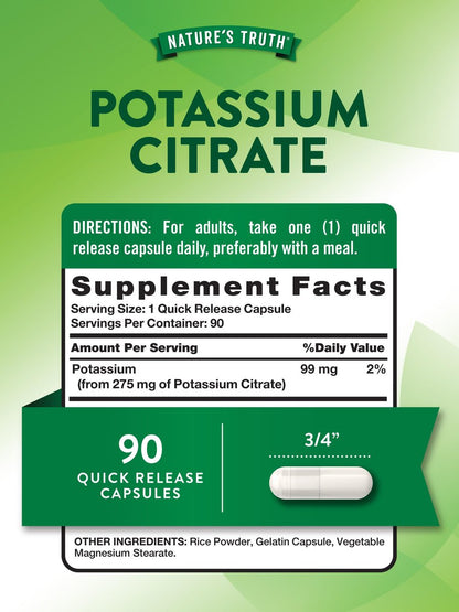 Nature's Truth Kaliumcitrat Kapseln | 275 mg | 90 Kapseln | Non-GMO & Glutenfrei