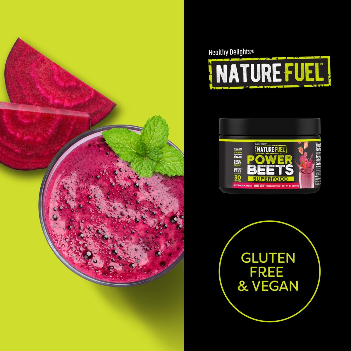 Healthy Delights Nature Fuel Power Beets - Superkonzentriertes, nicht-GMO Rote-Bete-Saftpulver - Leckerer Acai-Beeren-Granatapfel-Geschmack - 30 Portionen - Vorratsschrankfreundlich