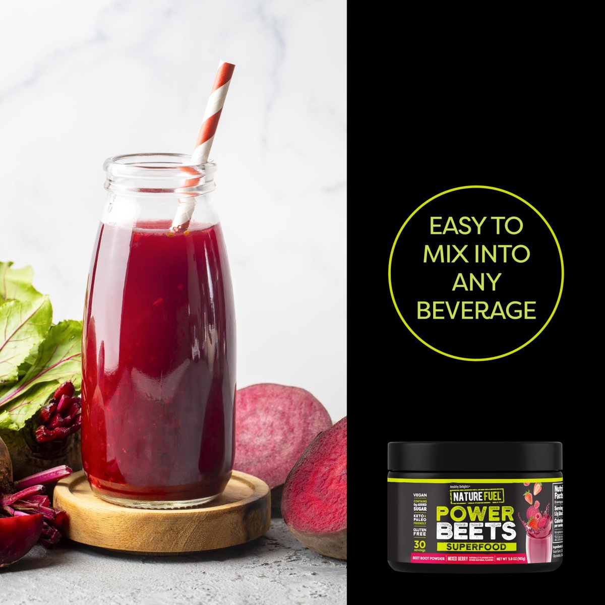 Healthy Delights Nature Fuel Power Beets - Superkonzentriertes, nicht-GMO Rote-Bete-Saftpulver - Leckerer Acai-Beeren-Granatapfel-Geschmack - 30 Portionen - Vorratsschrankfreundlich