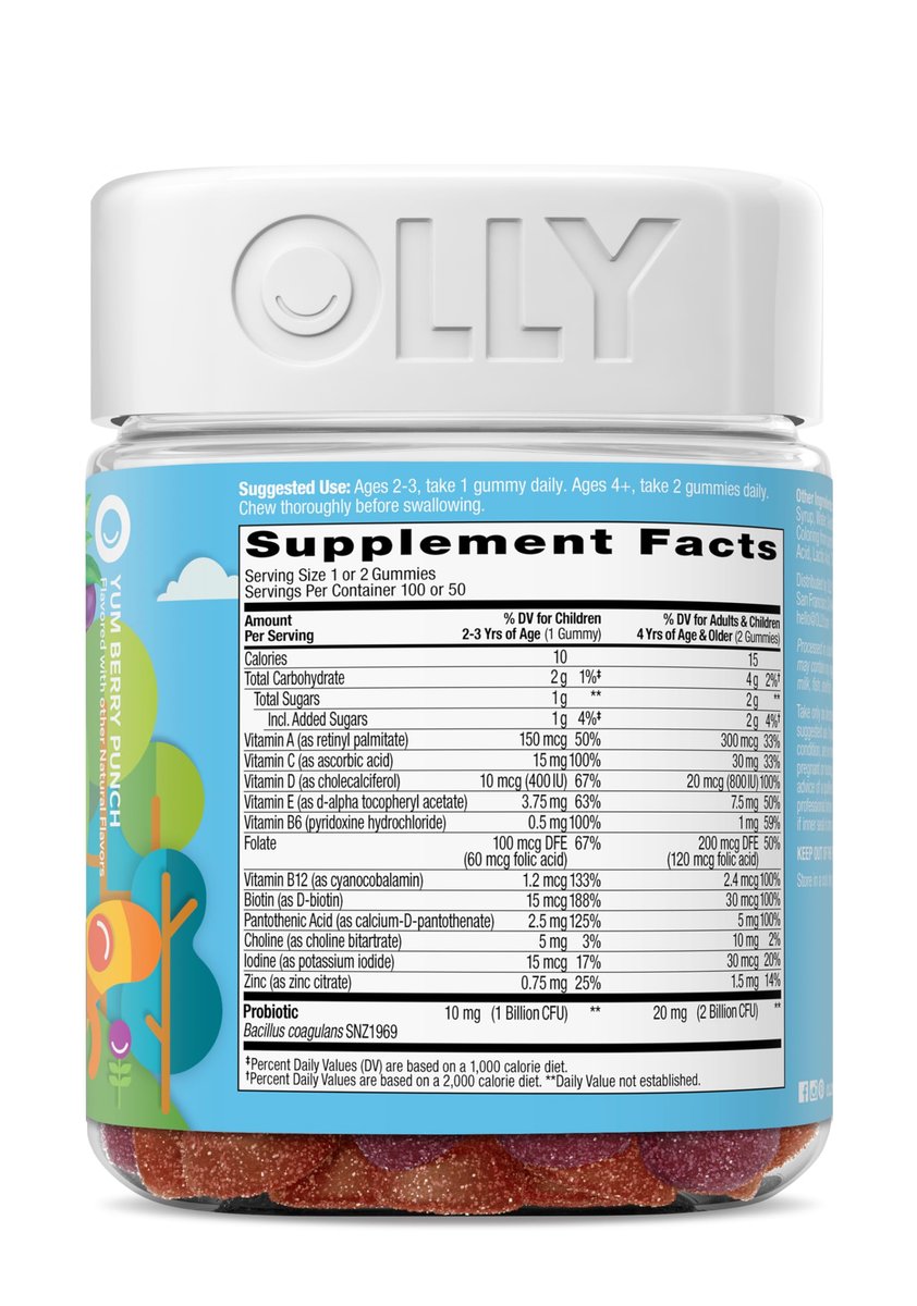 OLLY Kinder Multivitamin & Probiotikum Gummibärchen – Vitamine A, D, C, E, B, Zink – Verdauungsunterstützung – Beerengeschmack – 100 Stück (50 Tage Vorrat)