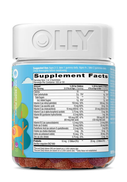 OLLY Kinder Multivitamin & Probiotikum Gummibärchen – Vitamine A, D, C, E, B, Zink – Verdauungsunterstützung – Beerengeschmack – 100 Stück (50 Tage Vorrat)