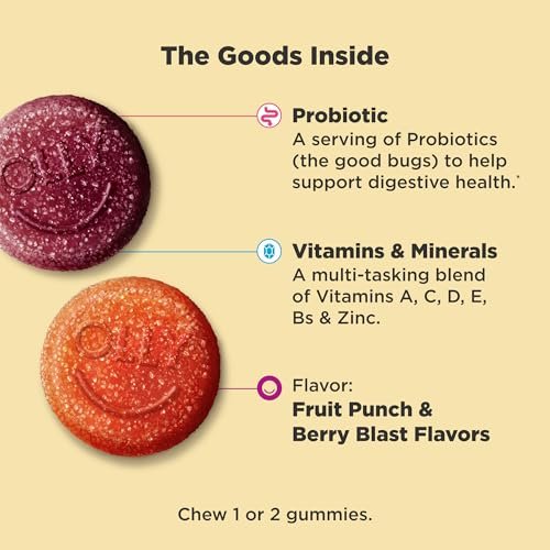 OLLY Kinder Multivitamin & Probiotikum Gummibärchen – Vitamine A, D, C, E, B, Zink – Verdauungsunterstützung – Beerengeschmack – 100 Stück (50 Tage Vorrat)