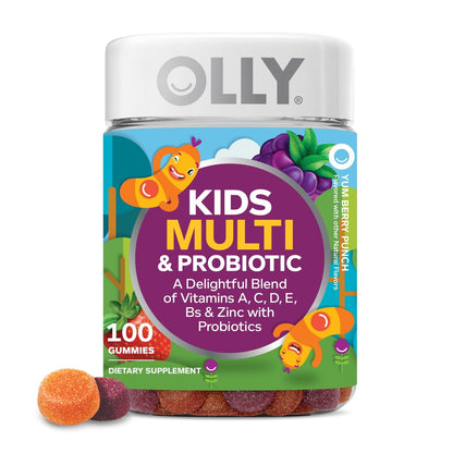 OLLY Kinder Multivitamin & Probiotikum Gummibärchen – Vitamine A, D, C, E, B, Zink – Verdauungsunterstützung – Beerengeschmack – 100 Stück (50 Tage Vorrat)