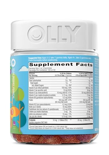 OLLY Kinder Multivitamin & Probiotikum Gummibärchen – Vitamine A, D, C, E, B, Zink – Verdauungsunterstützung – Beerengeschmack – 100 Stück (50 Tage Vorrat)