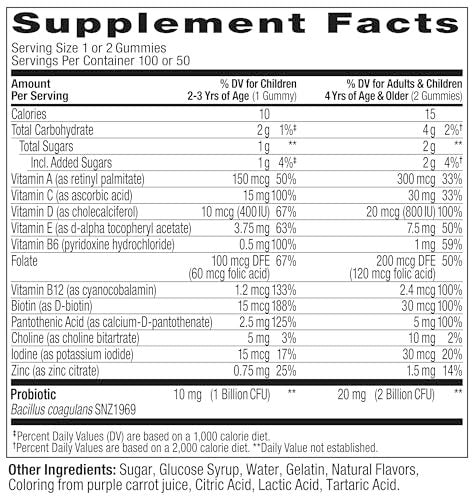 OLLY Kinder Multivitamin & Probiotikum Gummibärchen – Vitamine A, D, C, E, B, Zink – Verdauungsunterstützung – Beerengeschmack – 100 Stück (50 Tage Vorrat)