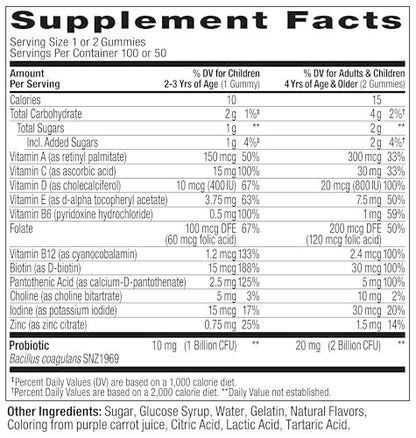 OLLY Kinder Multivitamin & Probiotikum Gummibärchen – Vitamine A, D, C, E, B, Zink – Verdauungsunterstützung – Beerengeschmack – 100 Stück (50 Tage Vorrat)