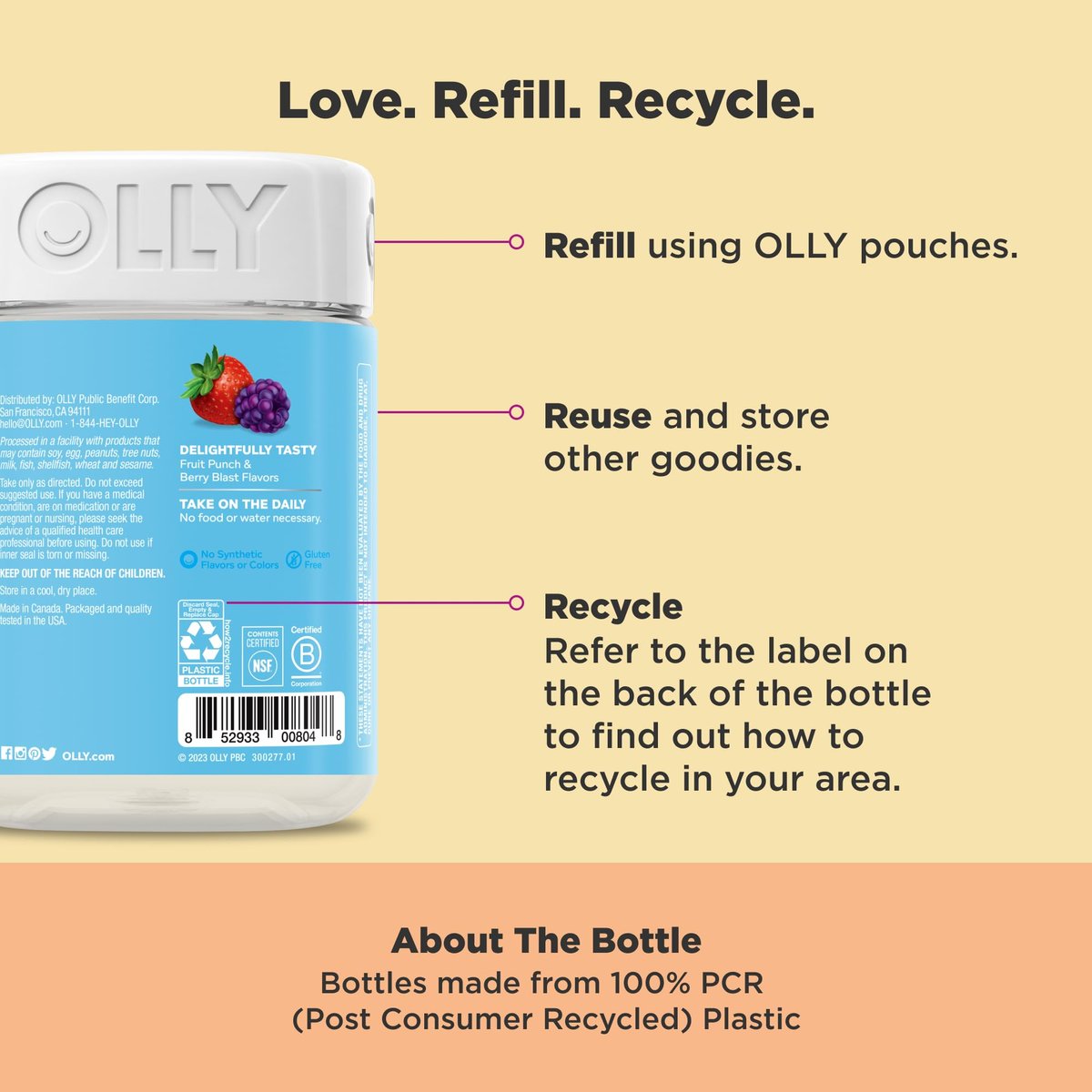 OLLY Kinder Multivitamin & Probiotikum Gummibärchen – Vitamine A, D, C, E, B, Zink – Verdauungsunterstützung – Beerengeschmack – 100 Stück (50 Tage Vorrat)