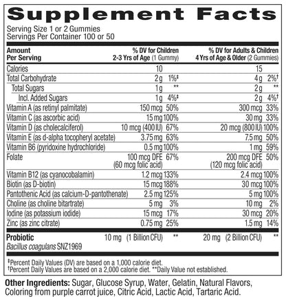 OLLY Kinder Multivitamin & Probiotikum Gummibärchen – Vitamine A, D, C, E, B, Zink – Verdauungsunterstützung – Beerengeschmack – 100 Stück (50 Tage Vorrat)