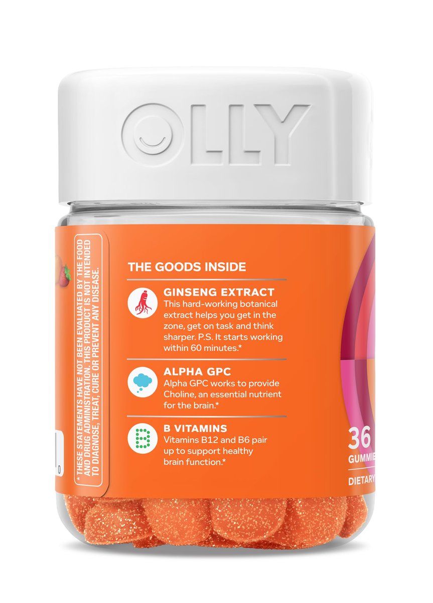 OLLY Laser Focus Gummy – Ginseng, Alpha GPC, B-Vitamine – 36 Stück – Beeren-Mandarinen-Geschmack