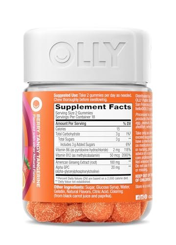 OLLY Laser Focus Gummy – Ginseng, Alpha GPC, B-Vitamine – 36 Stück – Beeren-Mandarinen-Geschmack