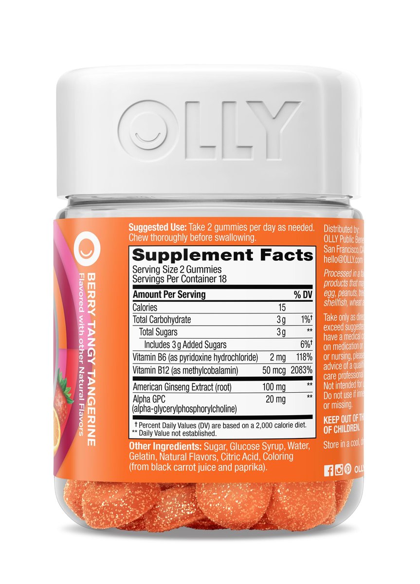 OLLY Laser Focus Gummy – Ginseng, Alpha GPC, B-Vitamine – 36 Stück – Beeren-Mandarinen-Geschmack