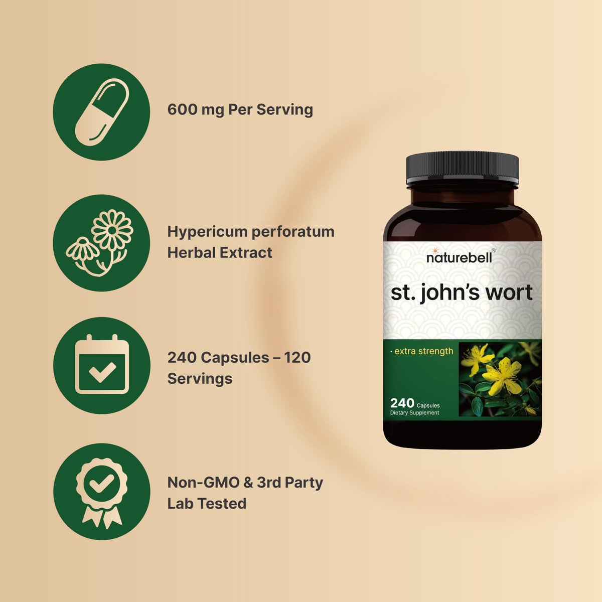 NatureBell Johanniskraut-Extrakt, 240 Kapseln – 600 mg pro Portion – Nicht-GVO, cGMP hergestellt