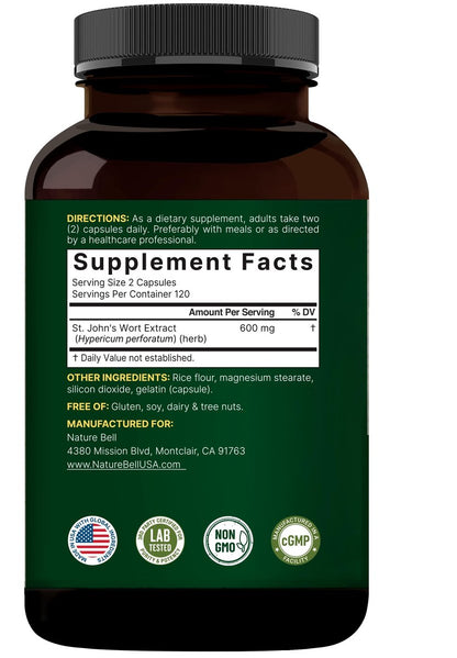 NatureBell Johanniskraut-Extrakt, 240 Kapseln – 600 mg pro Portion – Nicht-GVO, cGMP hergestellt