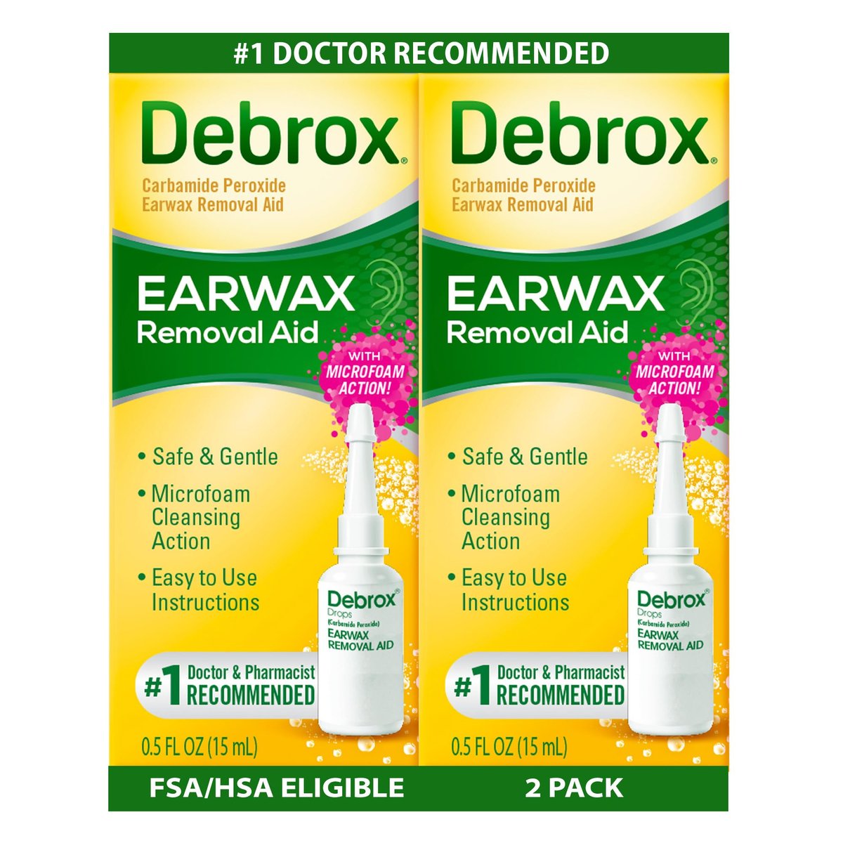 Debrox Ohrenschmalz-Entfernungstropfen, sanfter Mikroschaum-Ohrenschmalzentferner mit Carbamidperoxid, 0,5 Fl Oz, Packung mit 2