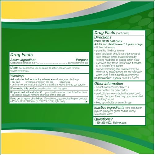 Debrox Ohrenschmalz-Entfernungstropfen, sanfter Mikroschaum-Ohrenschmalzentferner mit Carbamidperoxid, 0,5 Fl Oz, Packung mit 2