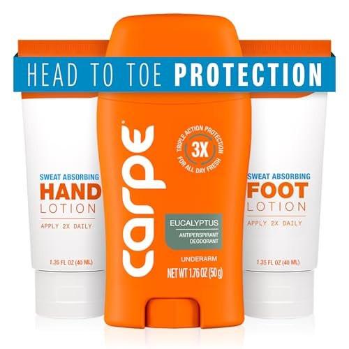 Carpe Head to Toe Bundle – Antitranspirant Deodorant für Achseln, Hände & Füße – Schweißabsorbierende Lotion – Eukalyptusduft