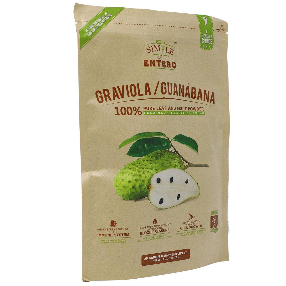 Simple y Entero Graviola/Guanábana Pulver, 100% reines Blatt- und Fruchtpulver, ohne Zusätze oder Füllstoffe, 227 g wiederverschließbarer Beutel