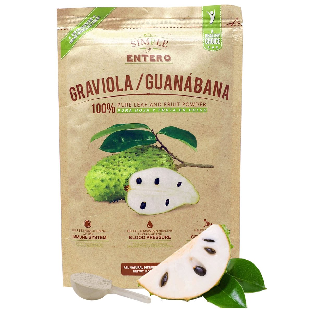 Simple y Entero Graviola/Guanábana Pulver, 100% reines Blatt- und Fruchtpulver, ohne Zusätze oder Füllstoffe, 227 g wiederverschließbarer Beutel