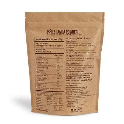 MB Herbals Entkerntes Amla-Pulver – 8 oz / ½ lb (227g) | Reines Amalaki-Pulver aus Amla-Beeren-Fruchtfleisch | Kernfrei & Natürlich
