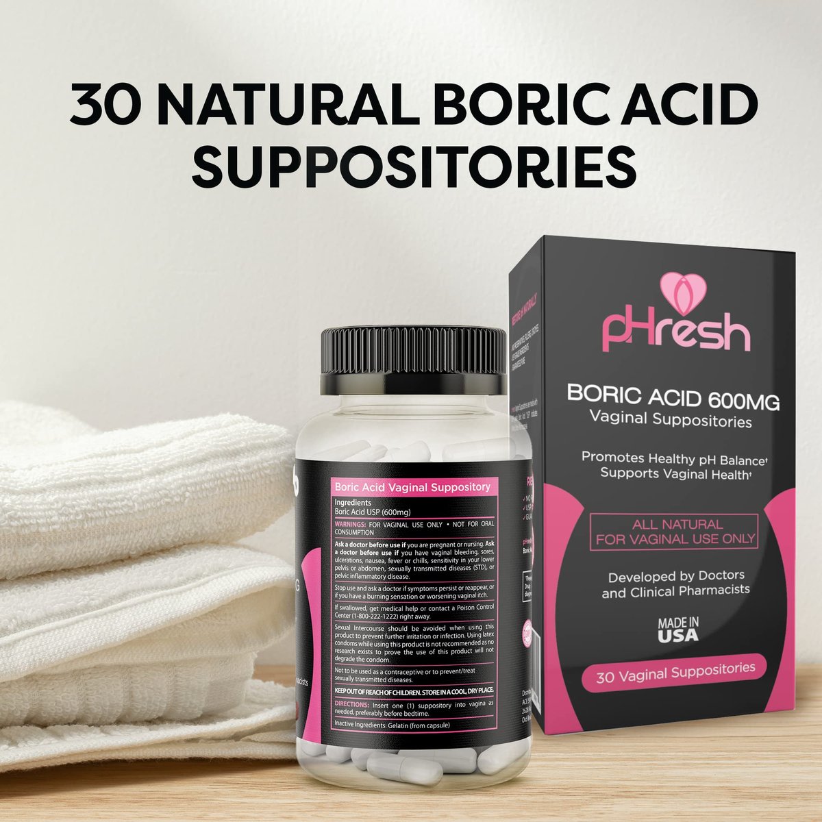 ACE NUTRITION pHresh Borsäure-Zäpfchen für Frauen – Natürliche Intimpflege zur Unterstützung des vaginalen pH-Gleichgewichts (30 Vaginalzäpfchen)