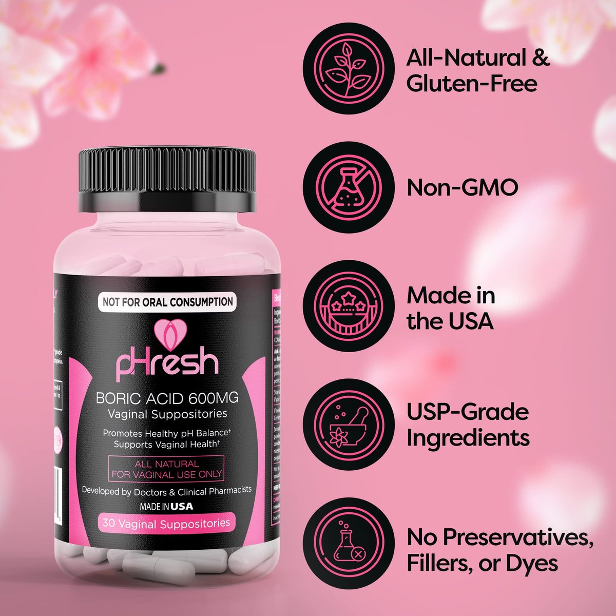 ACE NUTRITION pHresh Borsäure-Zäpfchen für Frauen – Natürliche Intimpflege zur Unterstützung des vaginalen pH-Gleichgewichts (30 Vaginalzäpfchen)
