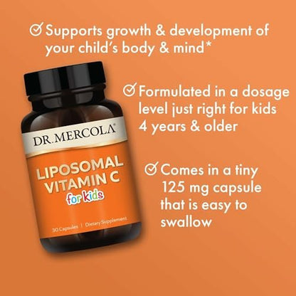 Dr. Mercola Liposomales Vitamin C für Kinder - 125 mg Vitamin C - Unterstützt Immun- und Gehirnfunktion - Liposomale Lieferung - Nicht-GVO, glutenfrei & sojafrei - 30 Kapseln (30 Portionen)
