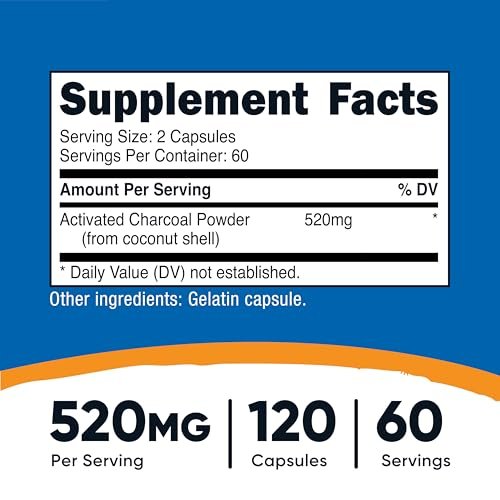 Nutricost Aktivkohle 520mg, 120 Kapseln – Hochwertiges Pulver, Non-GMO & Glutenfrei