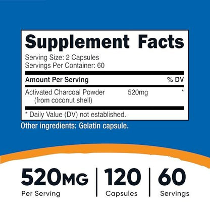 Nutricost Aktivkohle 520mg, 120 Kapseln – Hochwertiges Pulver, Non-GMO & Glutenfrei