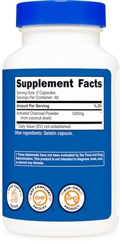 Nutricost Aktivkohle 520mg, 120 Kapseln – Hochwertiges Pulver, Non-GMO & Glutenfrei