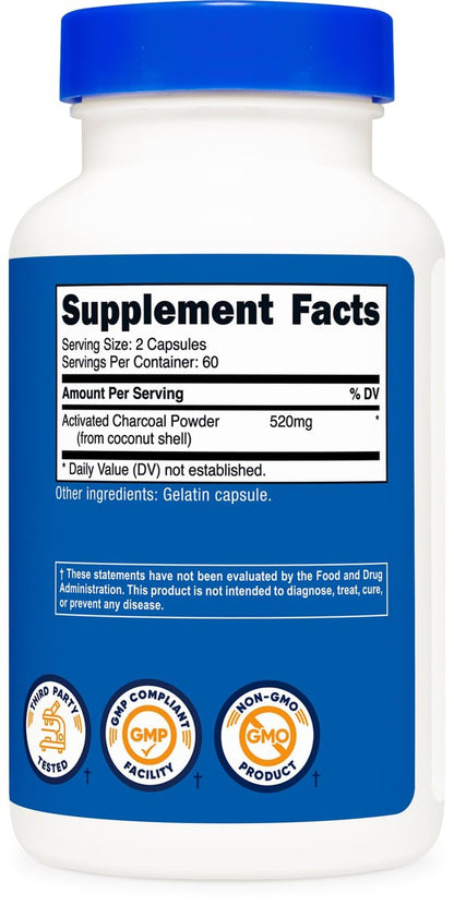 Nutricost Aktivkohle 520mg, 120 Kapseln – Hochwertiges Pulver, Non-GMO & Glutenfrei