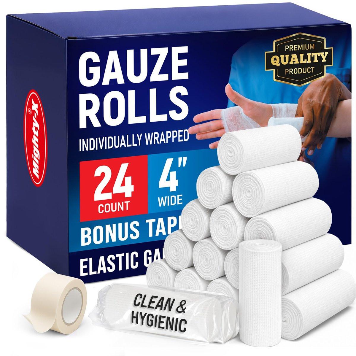 Mighty-X 24er-Pack Mullbinden 10 cm x 4,1 m – Weiche und atmungsaktive Rollbinde – Latexfreie Premium-Verbandwickel mit Klebeband – Dehnbare Fixierbinde für die Wundversorgung – Tierverband