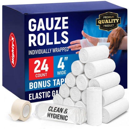 Mighty-X 24er-Pack Mullbinden 10 cm x 4,1 m – Weiche und atmungsaktive Rollbinde – Latexfreie Premium-Verbandwickel mit Klebeband – Dehnbare Fixierbinde für die Wundversorgung – Tierverband