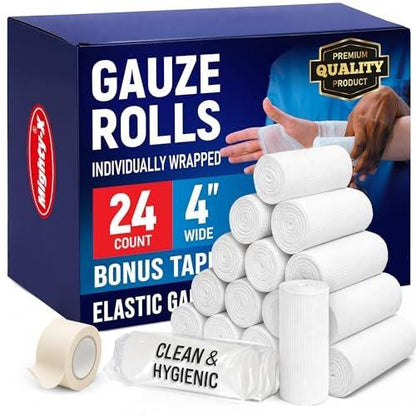 Mighty-X 24er-Pack Mullbinden 10 cm x 4,1 m – Weiche und atmungsaktive Rollbinde – Latexfreie Premium-Verbandwickel mit Klebeband – Dehnbare Fixierbinde für die Wundversorgung – Tierverband
