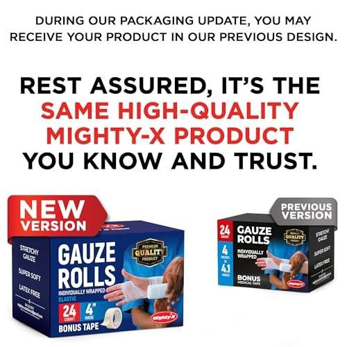 Mighty-X 24er-Pack Mullbinden 10 cm x 4,1 m – Weiche und atmungsaktive Rollbinde – Latexfreie Premium-Verbandwickel mit Klebeband – Dehnbare Fixierbinde für die Wundversorgung – Tierverband