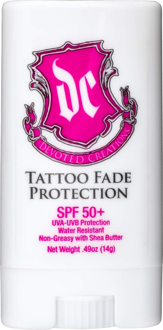 Devoted Creations Tattoo Fade Protection Stick mit SPF 50+ UVA-UVB-Schutz, wasserbeständig, nicht fettend mit Sheabutter 0,49 oz (Pink/Blau)