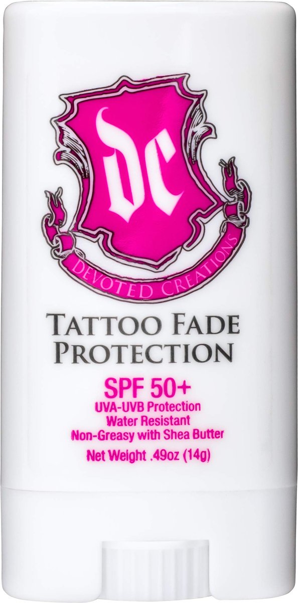 Devoted Creations Tattoo Fade Protection Stick mit SPF 50+ UVA-UVB-Schutz, wasserbeständig, nicht fettend mit Sheabutter 0,49 oz (Pink/Blau)