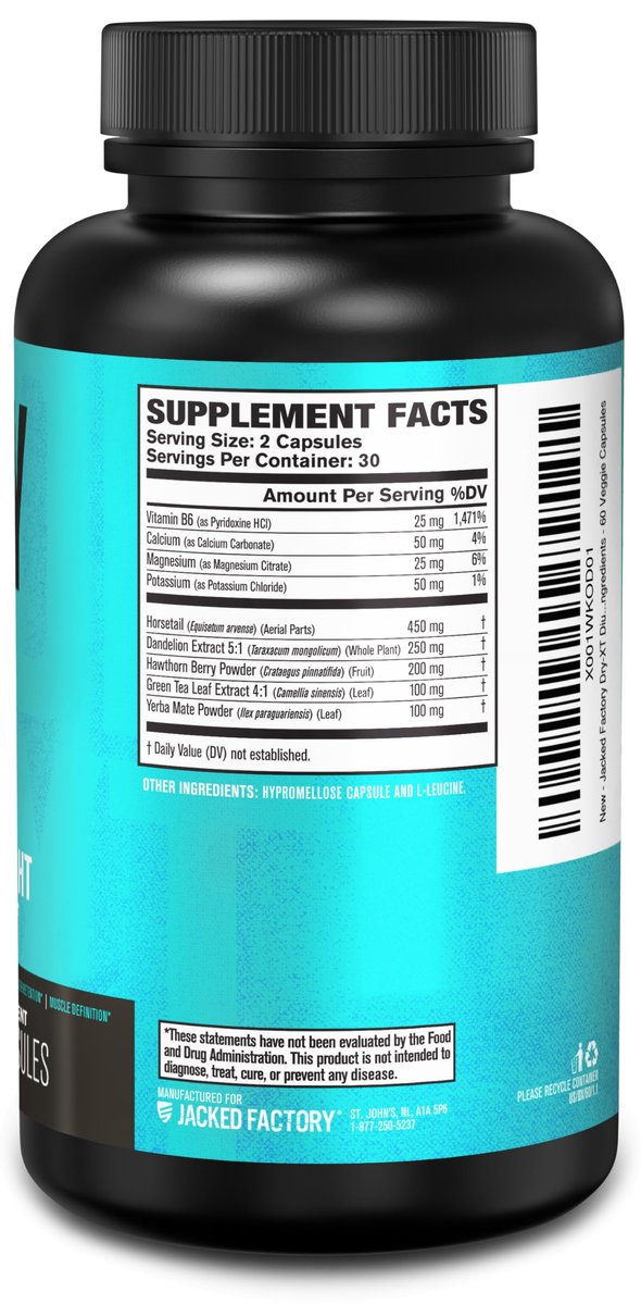 Jacked Factory Dry-XT Diuretikum Wasserpillen - Natürliches Nahrungsergänzungsmittel | Reduziert Wassereinlagerungen & Blähungen | Löwenzahnwurzelextrakt, Kalium, 7 weitere kraftvolle Inhaltsstoffe - 60 vegane Kapseln