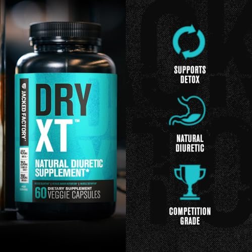 Jacked Factory Dry-XT Diuretikum Wasserpillen - Natürliches Nahrungsergänzungsmittel | Reduziert Wassereinlagerungen & Blähungen | Löwenzahnwurzelextrakt, Kalium, 7 weitere kraftvolle Inhaltsstoffe - 60 vegane Kapseln