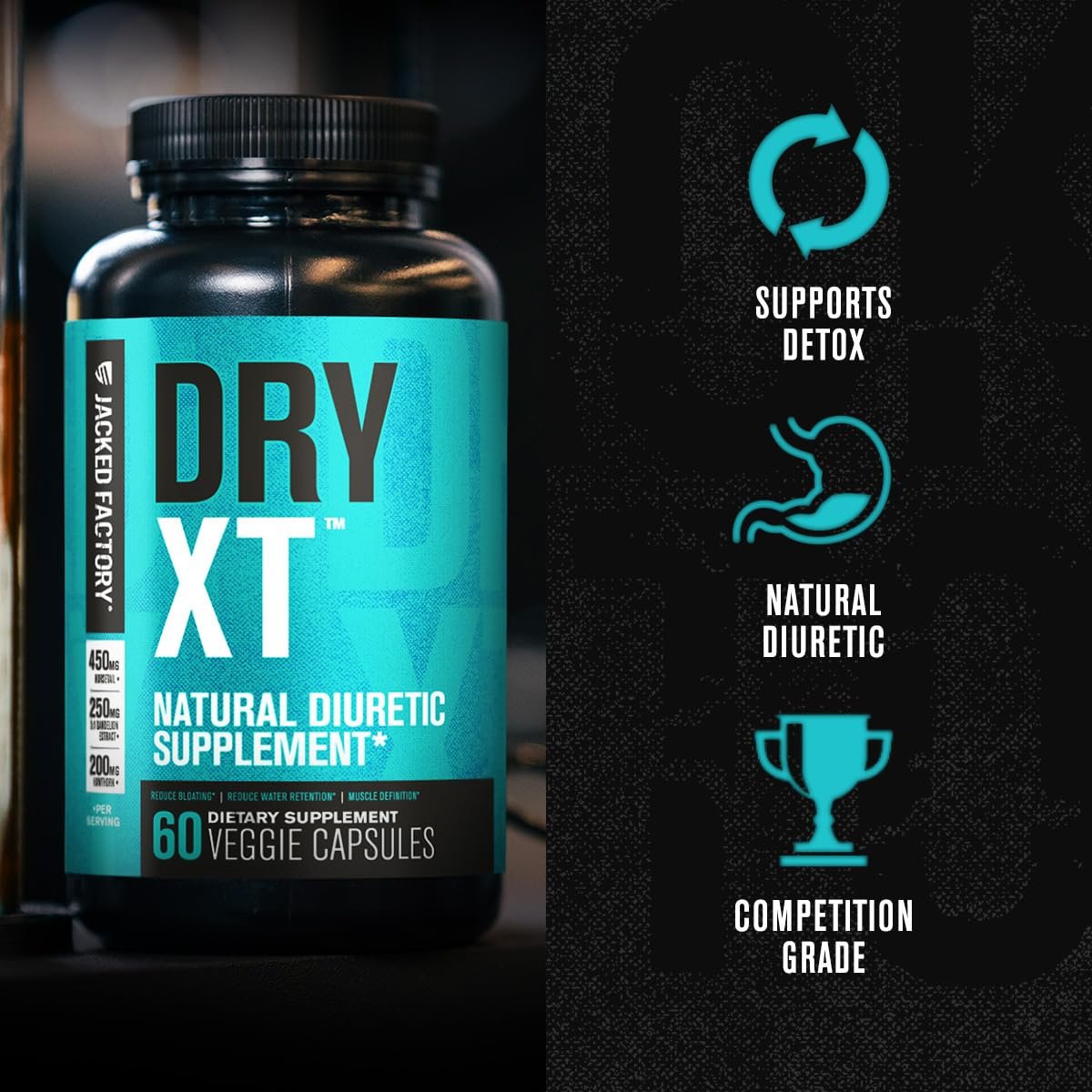 Jacked Factory Dry-XT Diuretikum Wasserpillen - Natürliches Nahrungsergänzungsmittel | Reduziert Wassereinlagerungen & Blähungen | Löwenzahnwurzelextrakt, Kalium, 7 weitere kraftvolle Inhaltsstoffe - 60 vegane Kapseln