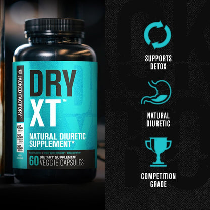 Jacked Factory Dry-XT Diuretikum Wasserpillen - Natürliches Nahrungsergänzungsmittel | Reduziert Wassereinlagerungen & Blähungen | Löwenzahnwurzelextrakt, Kalium, 7 weitere kraftvolle Inhaltsstoffe - 60 vegane Kapseln