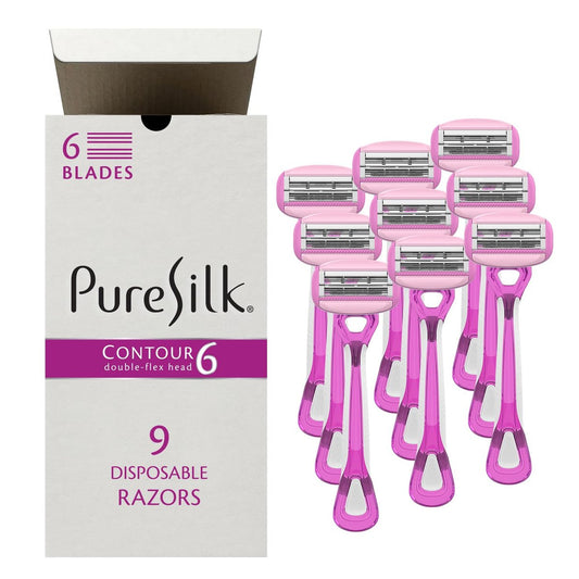 Pure Silk Contour 6 Damen-Einwegrasierer | 6-Klingen Premium Rasierer im Sparset | Doppelflexibler Schwenkkopf, Doppelte Feuchtigkeitsstreifen mit Aloe, Vitamin E, Arganöl | 3 Packungen (9 Rasierer insgesamt)