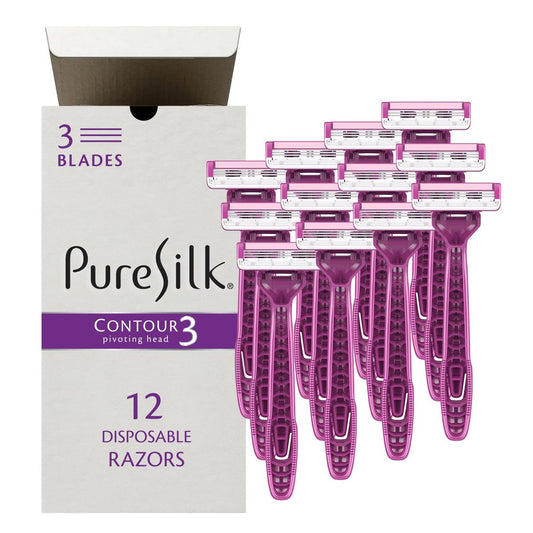 Pure Silk Contour 3 Damen-Einwegrasierer | 3-Klingen Premium Rasierer im Wertpaket | Schwenkkopf, Dual Moisture Bars mit Aloe, Vitamin E, Arganöl | 3 Packungen (9 Rasierer insgesamt)