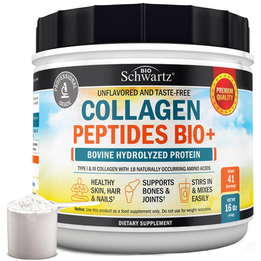BioSchwartz Kollagenpeptide-Pulver für Frauen und Männer - Weidegefüttertes hydrolysiertes Kollagenpulver - Typ I und III mit 10 g Protein für Haar, Haut, Nägel & Gelenke - 41 Portionen - 450 g ungesüßt