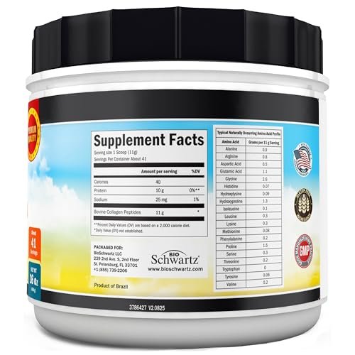 BioSchwartz Kollagenpeptide-Pulver für Frauen und Männer - Weidegefüttertes hydrolysiertes Kollagenpulver - Typ I und III mit 10 g Protein für Haar, Haut, Nägel & Gelenke - 41 Portionen - 450 g ungesüßt