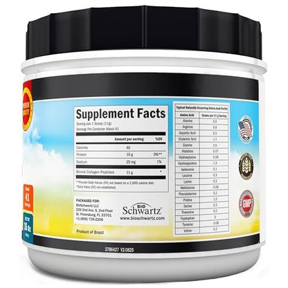 BioSchwartz Kollagenpeptide-Pulver für Frauen und Männer - Weidegefüttertes hydrolysiertes Kollagenpulver - Typ I und III mit 10 g Protein für Haar, Haut, Nägel & Gelenke - 41 Portionen - 450 g ungesüßt