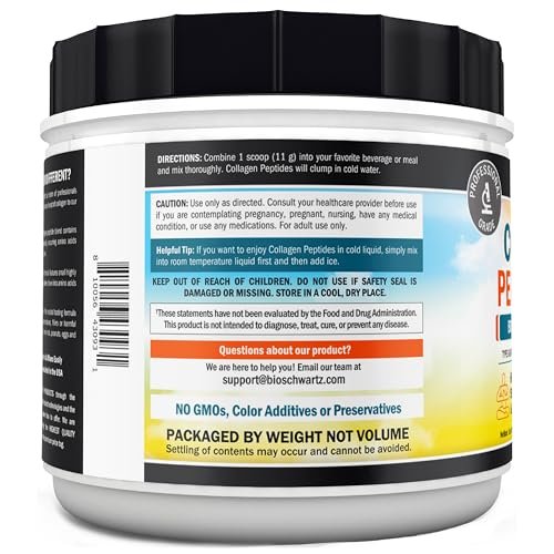 BioSchwartz Kollagenpeptide-Pulver für Frauen und Männer - Weidegefüttertes hydrolysiertes Kollagenpulver - Typ I und III mit 10 g Protein für Haar, Haut, Nägel & Gelenke - 41 Portionen - 450 g ungesüßt