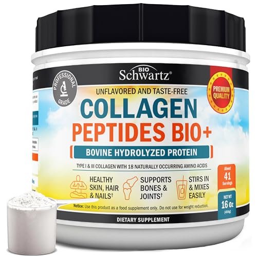 BioSchwartz Kollagenpeptide-Pulver für Frauen und Männer - Weidegefüttertes hydrolysiertes Kollagenpulver - Typ I und III mit 10 g Protein für Haar, Haut, Nägel & Gelenke - 41 Portionen - 450 g ungesüßt