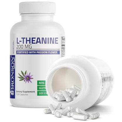 Bronson L-Theanin 200mg (Doppelte Stärke) mit Passionsblumenkraut – Stressmanagement, Nicht-GMO, Glutenfrei, Sojafrei, 120 Kapseln