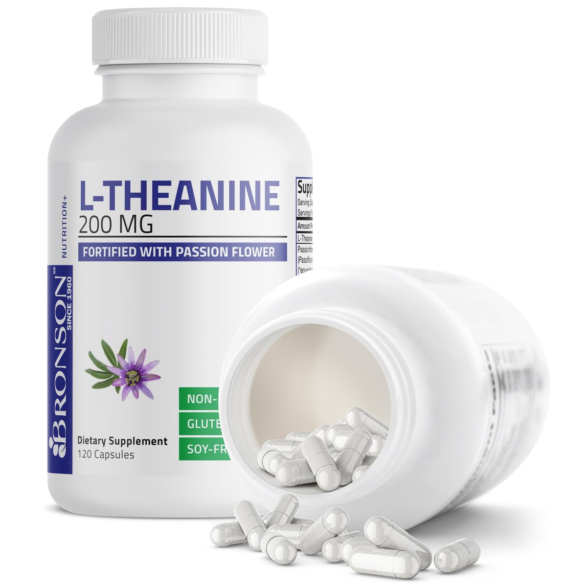 Bronson L-Theanin 200mg (Doppelte Stärke) mit Passionsblumenkraut – Stressmanagement, Nicht-GMO, Glutenfrei, Sojafrei, 120 Kapseln